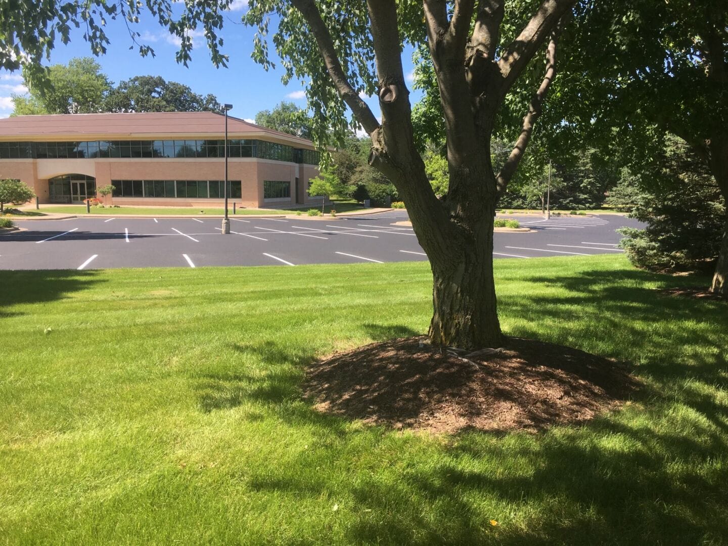 Commercial parking lot sealcoating with white line striping in Madison, WI